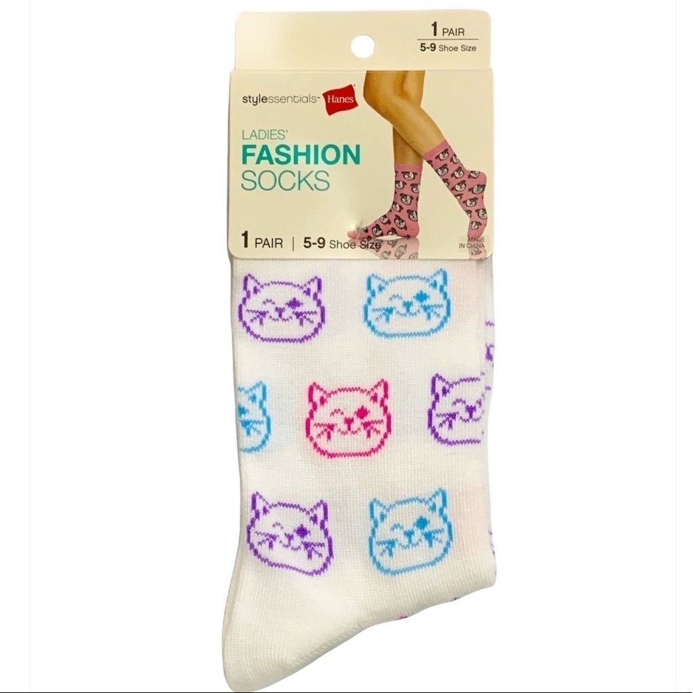 Hanes Cat Print Socks Novelty Pink Purple Blue Multicolor Womens Shoe Size 5-9